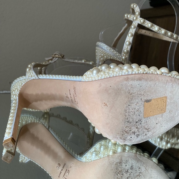 Like new Jimmy Choo Sacora 100 White Satin Sandals with All Over Pearls $1,950 - Picture 16 of 17